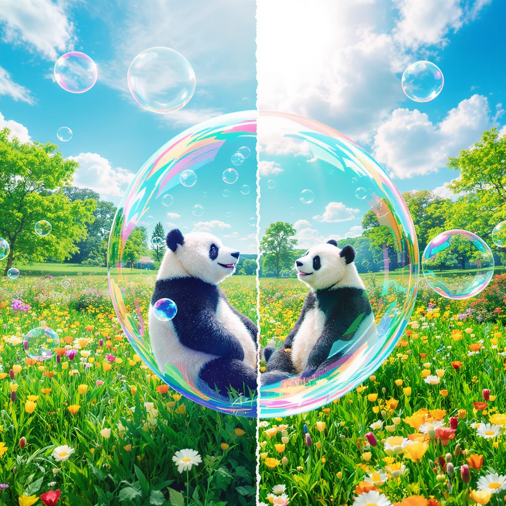 Cinematic still pandas bears sitting inside bubbles flying over field full of flowers, sunny summer day, happy vibe, minimalisic, composition splited to hald (sky and flowers) emoji