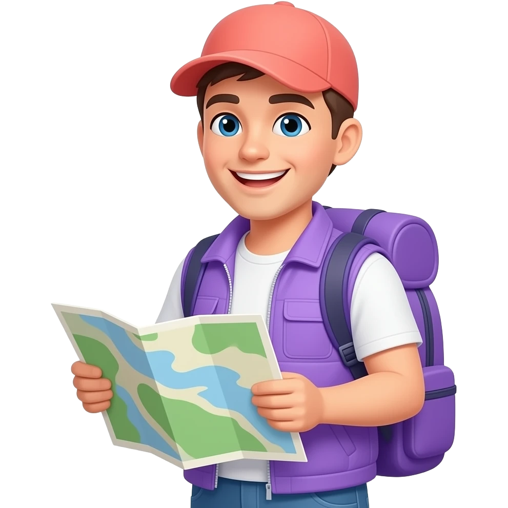 Smiling travel guide, lilac vest and backpack, coral cap, holding a map, portrait, close-up, upper body, happy expression, Apple emoji style, predominantly lilac with coral accents emoji