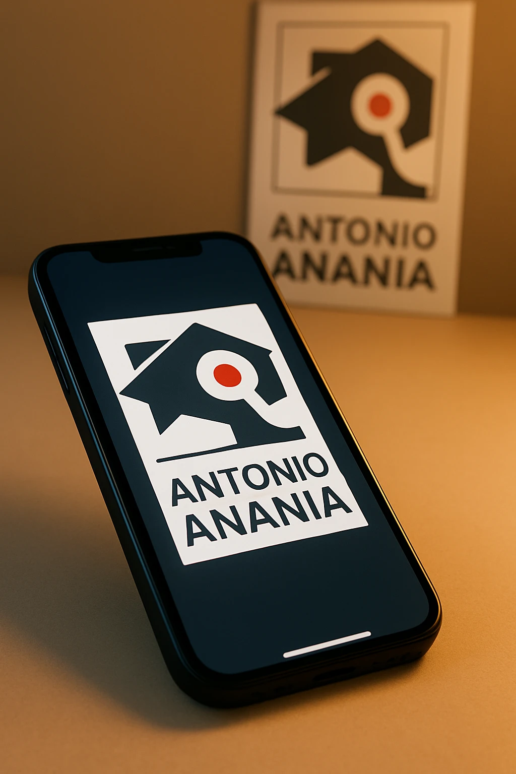 A photo of an iPhone with the message "Antonio Anania" on its screen, The phone sits atop a desk with a blurred background that suggests work environment. A faint glow from above casts gentle shadows across the surface of each object, creating depth and highlighting their textures emoji