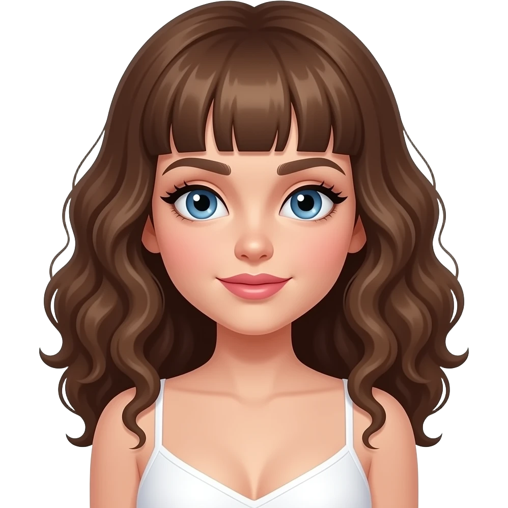 pale girl with blue eyes, thick natural eyebrows, thick natural eyelashes, little thin, pink lips, brown, curly hair with micro bangs and large breasts emoji