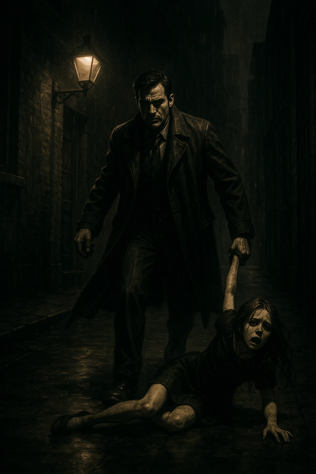 a man in a trench coat dragging a girl, dramatic scene, cinematic style emoji