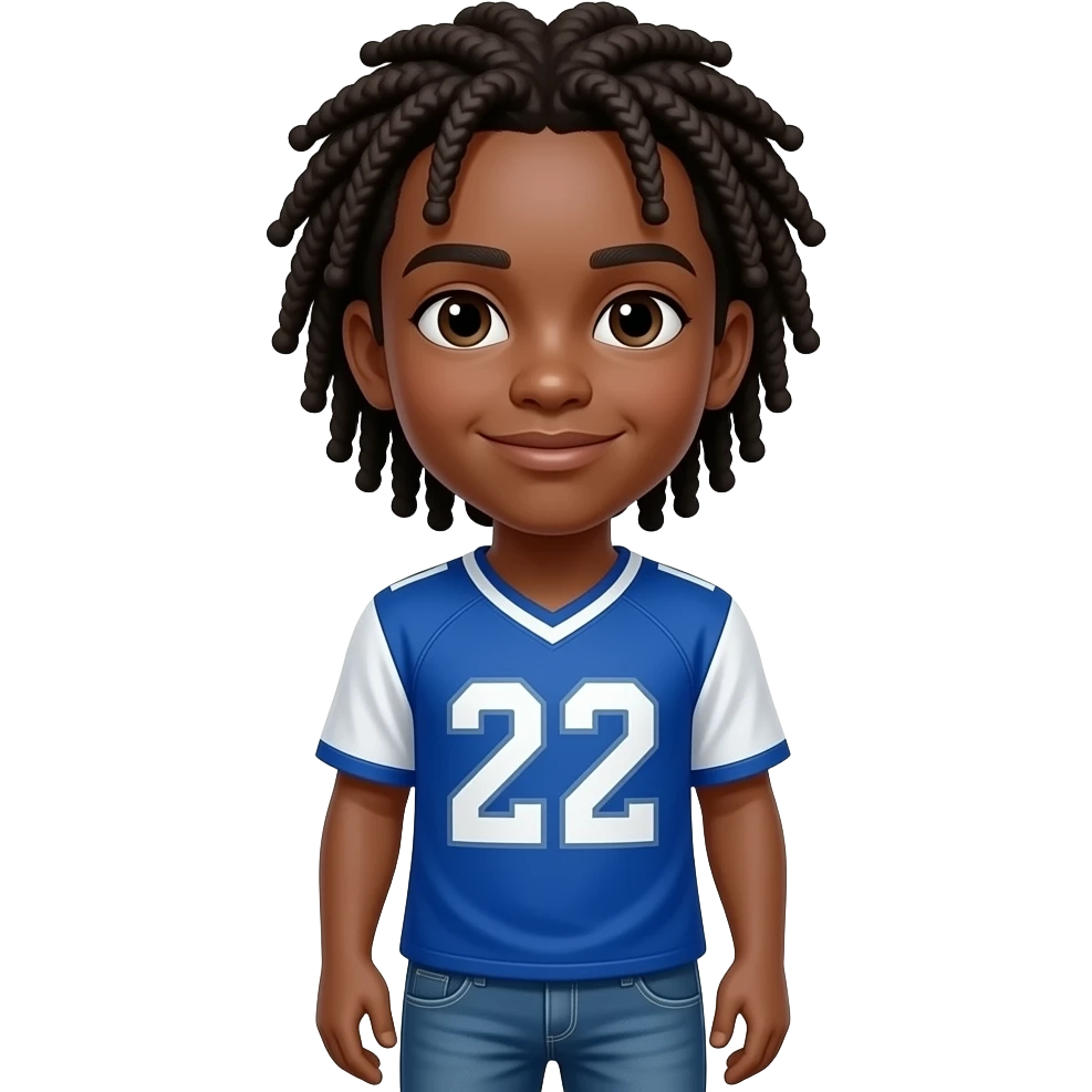 African American teenage boy hair in neck length cornrows wearing a blue and white jersey shirt with 22 on it wearing jeans emoji