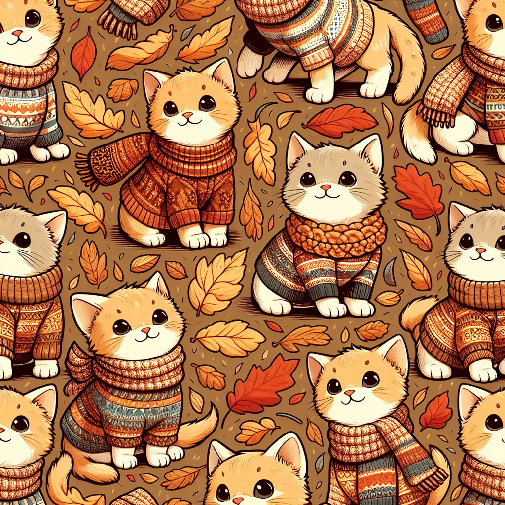 cute cats in scarves and sweaters, seamless pattern, autumn colors, warm and cozy vibe, playful cartoon style emoji