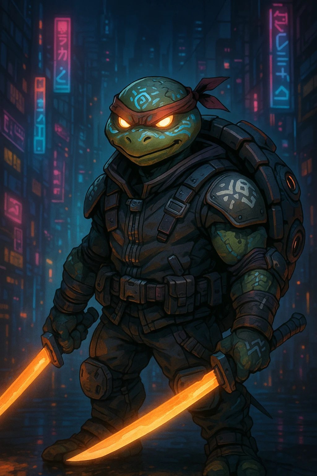 A humanoid mutant turtle warrior in futuristic street armor with glowing eyes and tribal markings, wielding dual energy blades, featuring a tech-enhanced shell, bold and clever expression with a slightly rebellious vibe, standing in a neon-lit dystopian city background, original character, not based on any franchise. emoji