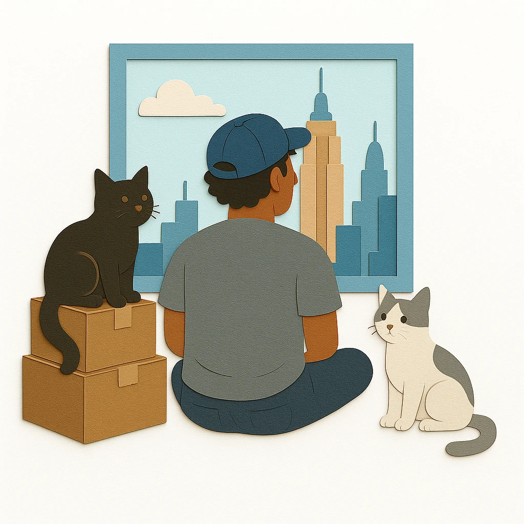 Edit the image to have one cat white and gray, the other cat dark brown and black. The man should have medium length curly hair and be wearing a cap. Keep the NYC apartment moving scene and overall style consistent. emoji