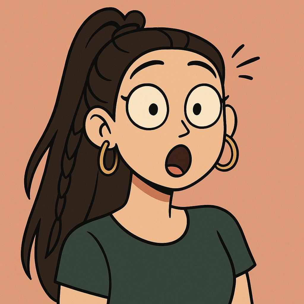 Create a cute and lively cartoon style face with a surprised expression, keeping her unique features and hairstyle from the reference image. emoji