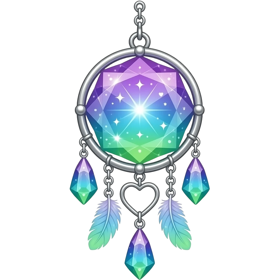 Starry shiny sparkly Purple-Blue-cyan-lime-green-gradients and silver cold-cool-colored romantic lush beautiful pretty hanging crystal-catcher aesthetic with hearts and sparkles and feathers emoji