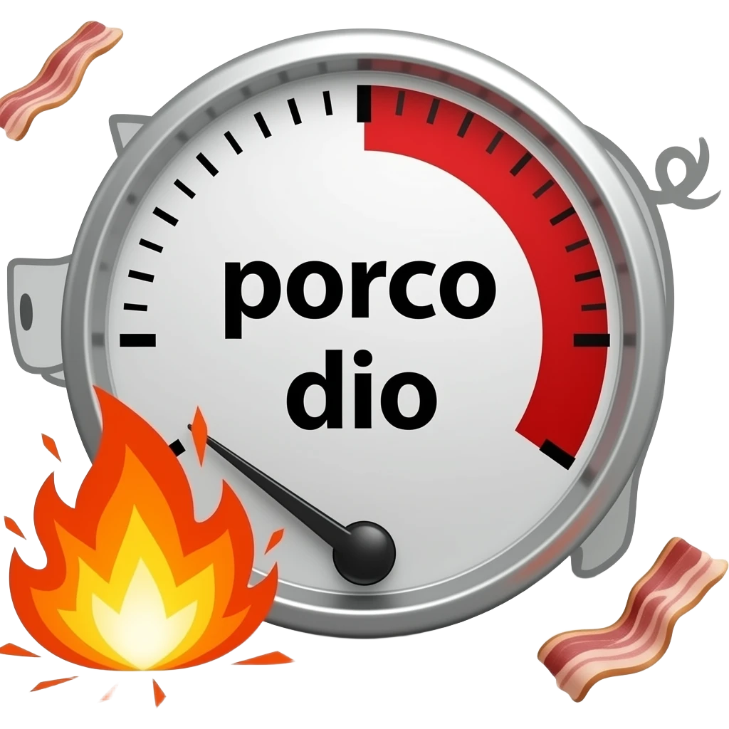 text large font size "porco dio" on a meter with a pig outline in the background, no values, only white to red display, meter to the max, explosion, fire, bacon emoji