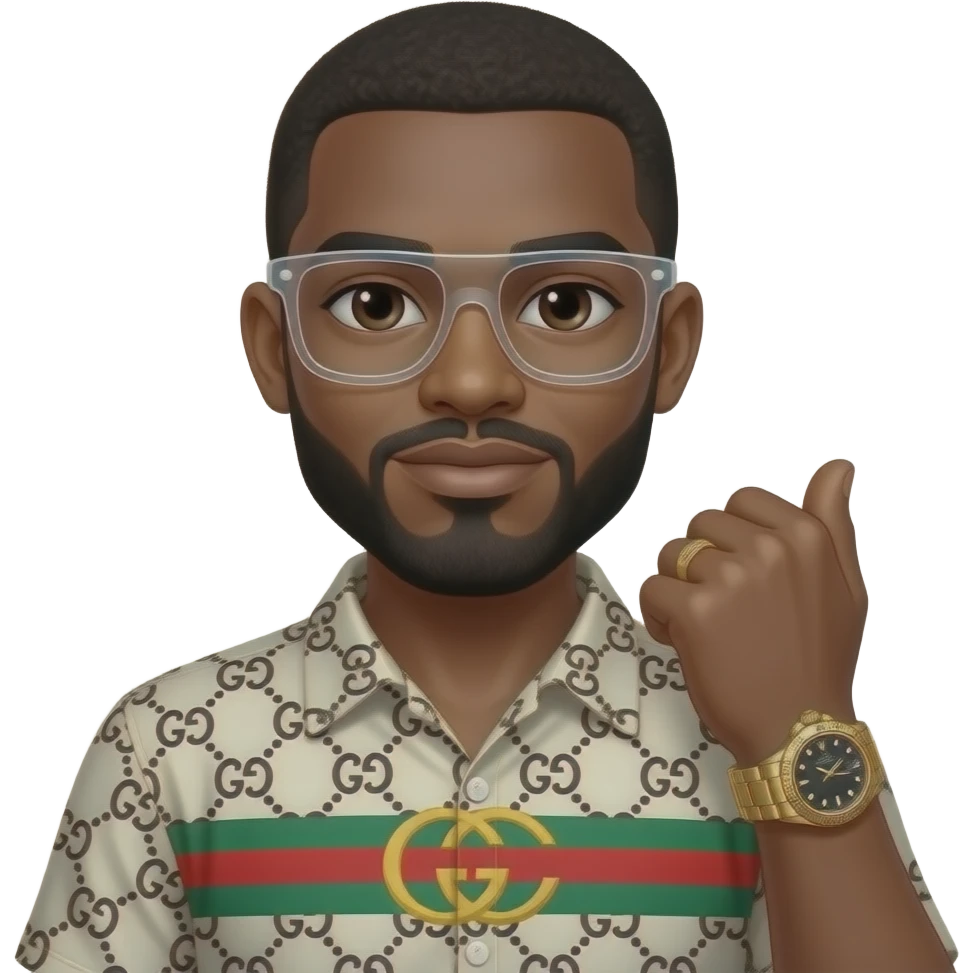 Black guy named Stackpack wearing Rolex and a gucci color shirt with meta clear shades on emoji