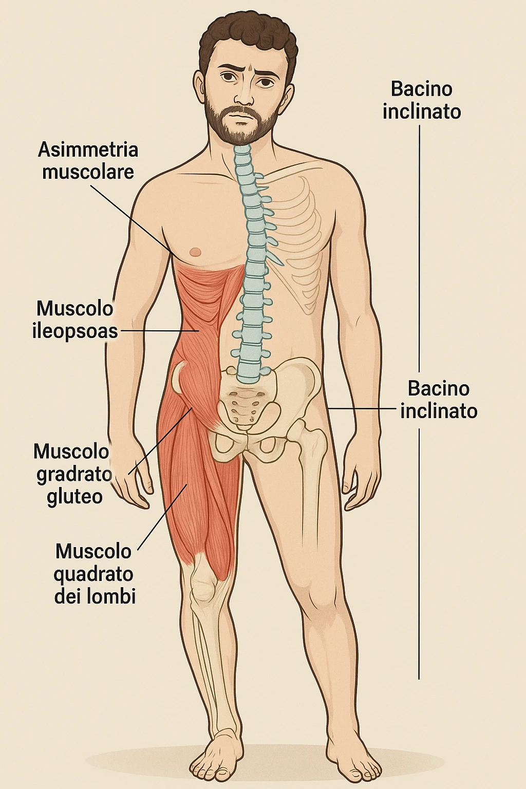 Uomo con problemi di asimmetrie e bacino inclinato, visione anatomica in italiano emoji
