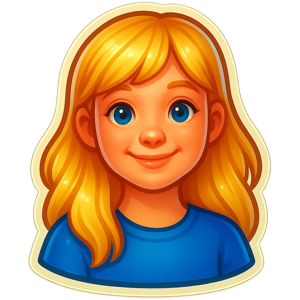 Create a Scandinavian girl in the same retro sticker style as the reference image. She has blonde hair, light skin, a friendly expression, and is wearing a simple top. emoji