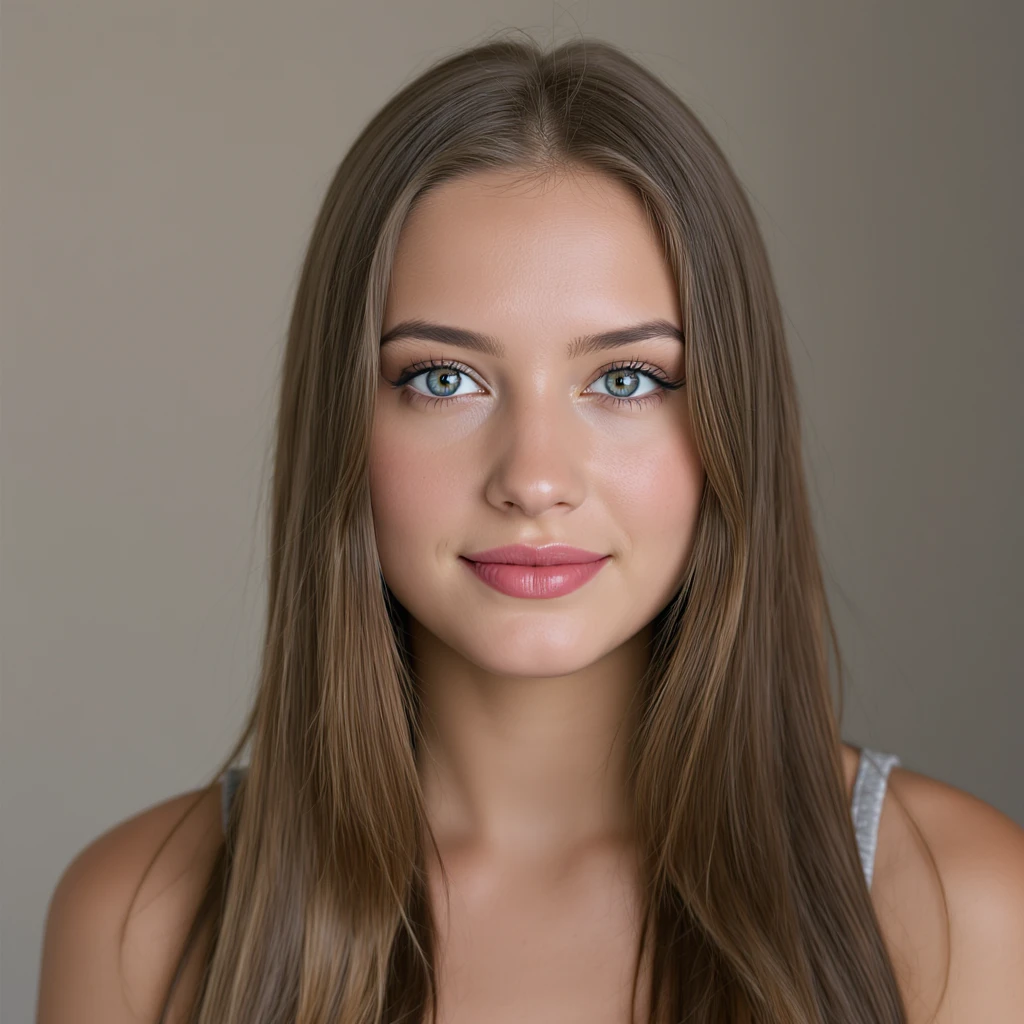 realistic portrait of a girl with long straight brunette hair and blue eyes, high detail, direct gaze, simple background emoji