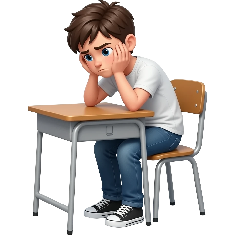 emoji genervter jugendlicher, ganzer körper am Tisch, weißer Hintergrund,  kopf in den Händen, kopf weggedreht, emoji