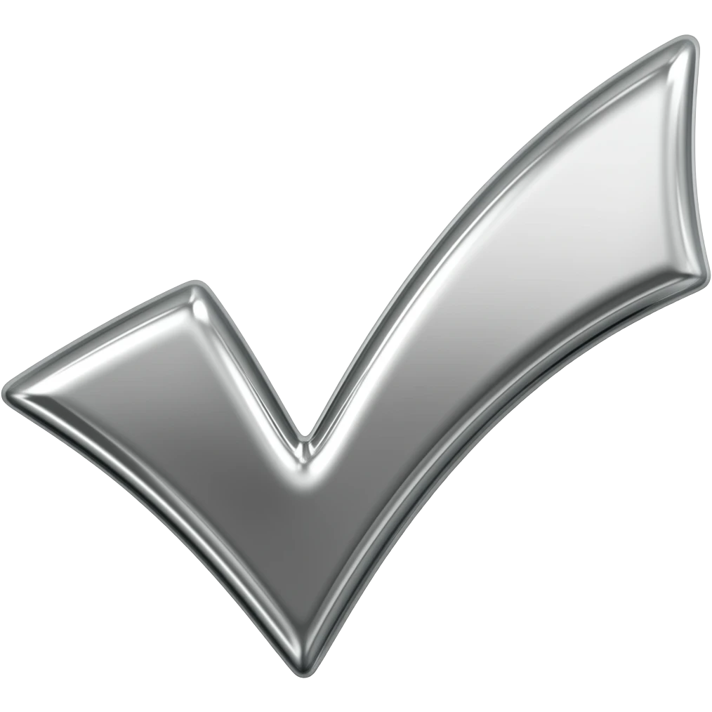 Take the ✅ checkmark emoji and recreate it as a 3D chrome metallic icon.  Liquid silver material, glossy reflections, black and white only,  dramatic studio lighting, white background,  ultra sharp render, 512x512px, no text,  same shape and silhouette as the original emoji emoji