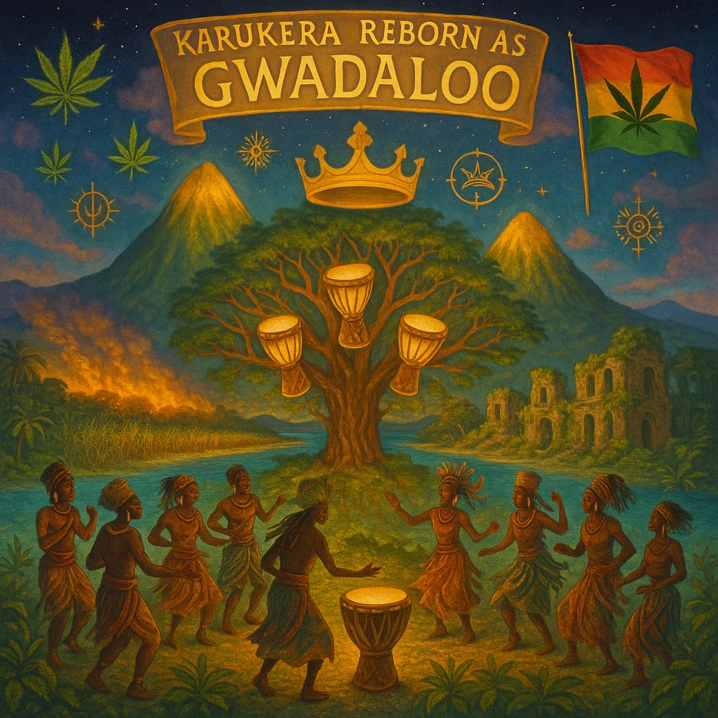 Create a powerful, surreal vision of the Caribbean island Guadeloupe, reimagined as ‘Gwadaloo’ — its sacred, sovereign identity restored. The island is lush, tropical, and volcanic, with two green volcanoes glowing golden at the peaks. In the center stands a giant mystical Drum Tree, its branches bearing carved drums instead of fruit, glowing with rhythmic light. Ancestral spirits of African and indigenous lineage dance in a circle around the tree, surrounded by floating ganja leaves and sacred symbols. Sugarcane fields burn gently in the background, symbolizing the end of colonial suffering. Ruins of colonial buildings crumble into the earth, reclaimed by vines and jungle. Above the island, a glowing banner in the sky reads: ‘Karukera reborn as Gwadaloo.’ A ganja-leaf flag waves high in red, green, and gold, and a golden Creole crown floats in the sky above the island — not worn by any man, but held in rhythm. The ocean is turquoise, the light is divine, and the entire scene radiates spiritual victory, cultural remembrance, and cosmic rhythm. Use a warm, cinematic palette of golds, greens, blues, and purples. Style should feel epic, sacred, and symbolic — a rebirth of Caribbean power. emoji