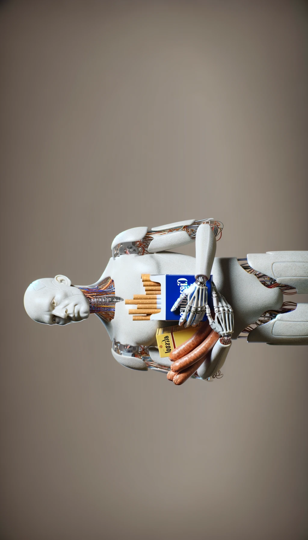 CORPO UMANO ANATOMICO CHE TRA LE BRACCIA SIGARETTE, ALCOL E WURSTEL CONFEZIONATI, LI GUARDA CON ESPRESSIONE INDECISA IN VOLTO, NEUTRAL CLEAR BACKGROUND, iperrealistico 4k emoji