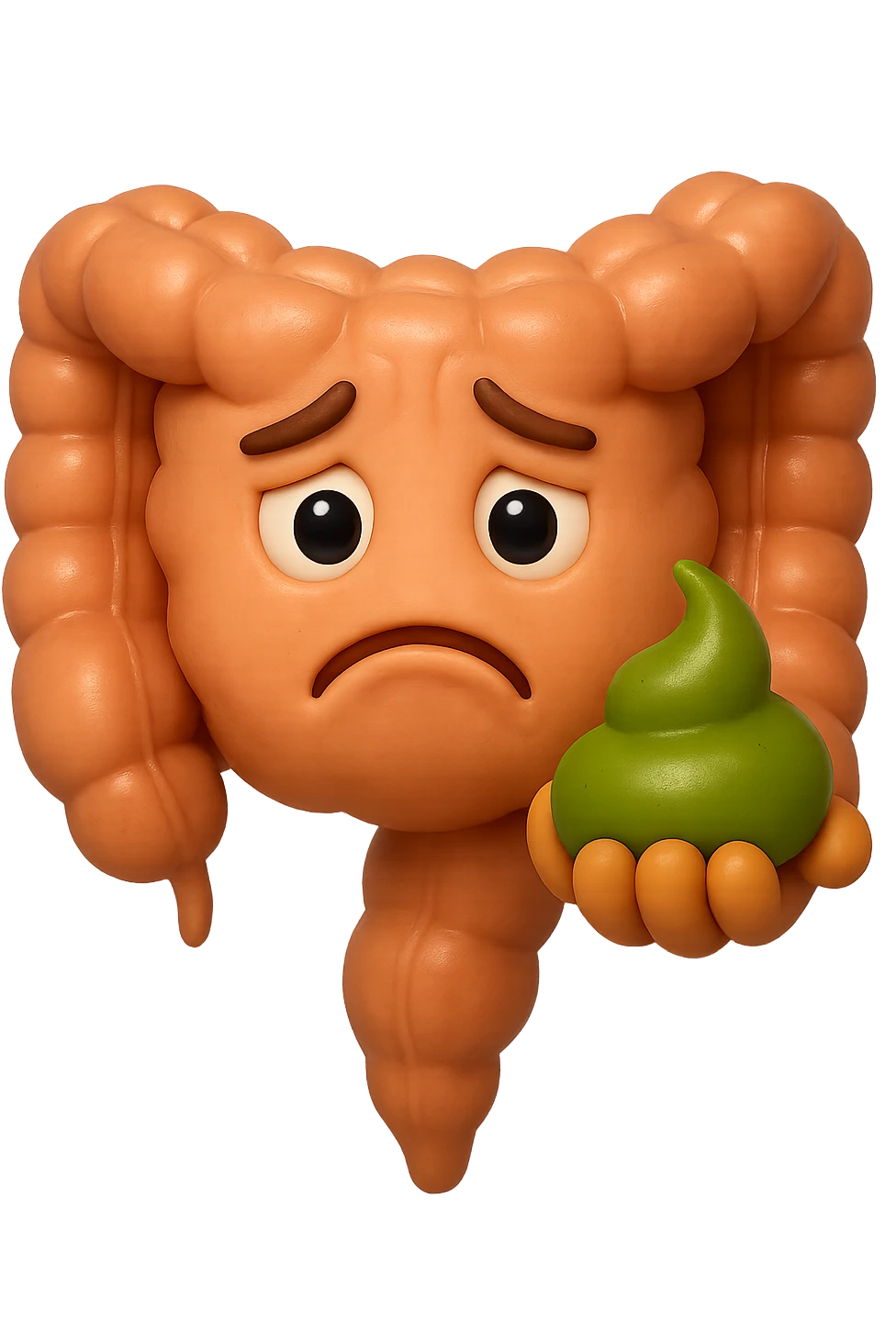 emoji stile iphone 3d di un intestino con espressione triste con cacca verde e liquida in mano, iperrealistiche 4k emoji