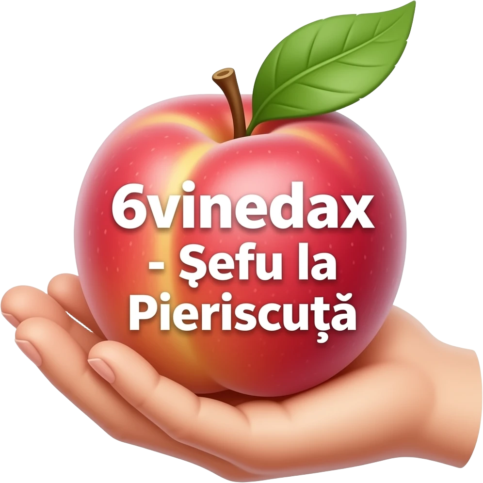 Create an emoji with a pink juicy peach fruit and a palm to grab it him and GRAND TEXT on him: 6vinedax - Șefu la Pieriscuță emoji