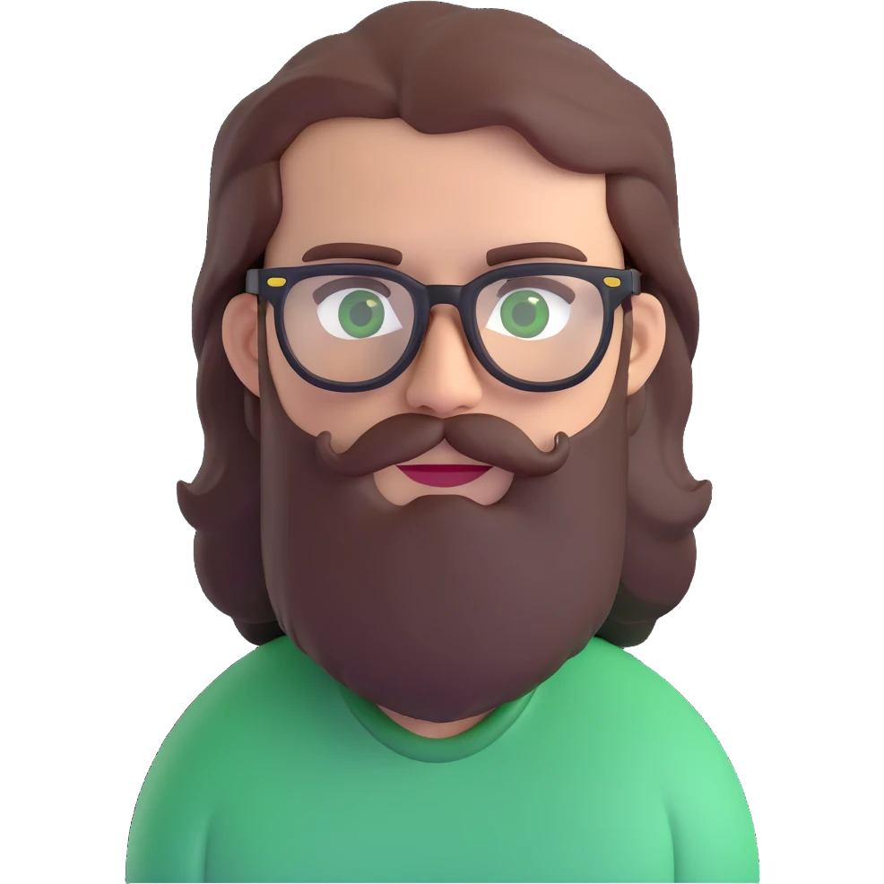 white male mid 30s green eyes black square glasses long brown beard with medium length brown hair emoji