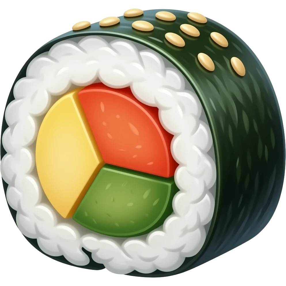 Korean gimbap, cinematic realistic, sliced roll, colorful fillings, sesame seeds, glossy seaweed, studio lighting, ultra detailed emoji