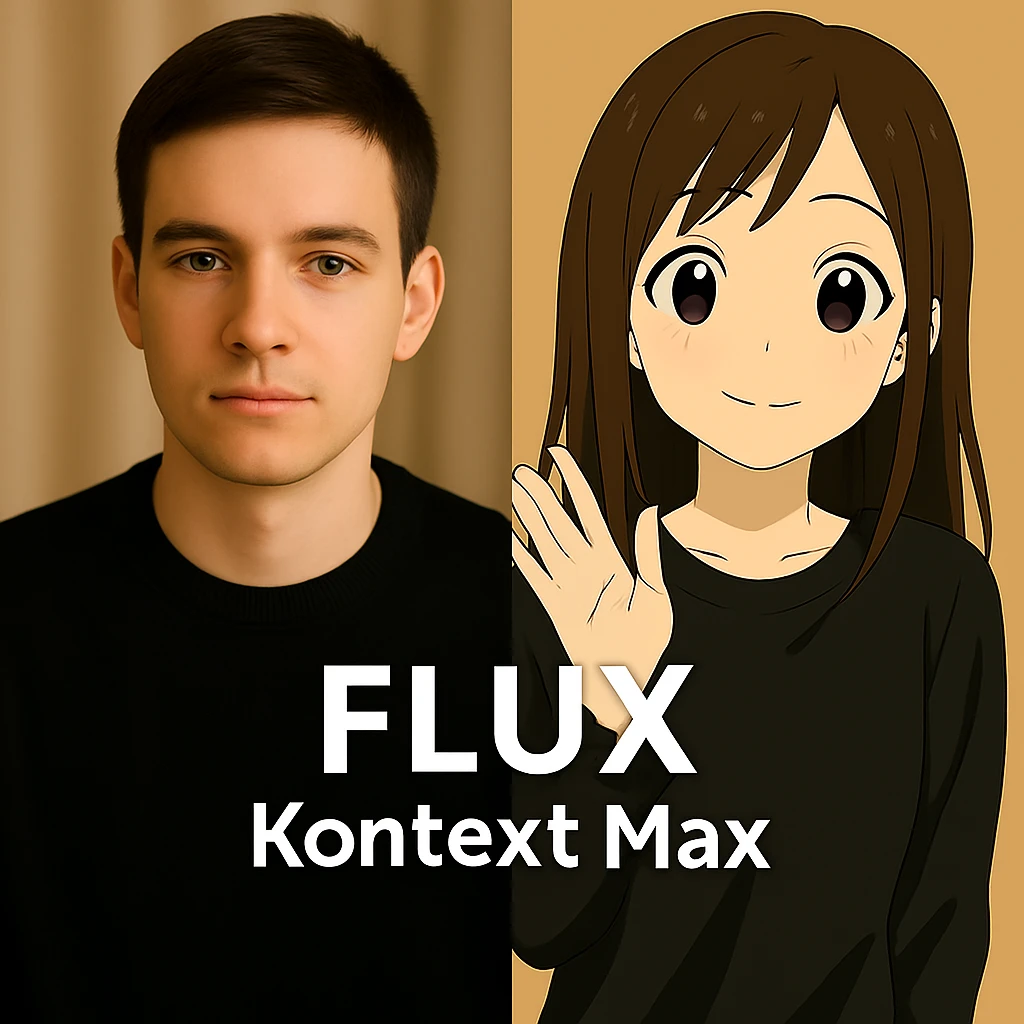 same similar image but chnage the text to "Flux Kontext Max", change people and pose too emoji