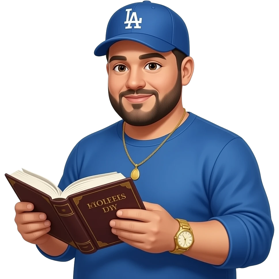 Chubby man with light sand skin tone and lightly shaved black beard wearing a blue Los Angeles Dodgers logo baseball cap wearing a long sleeve blue shirt wearing a gold tennis necklace and a gold wrist watch reading the Holy Bible emoji