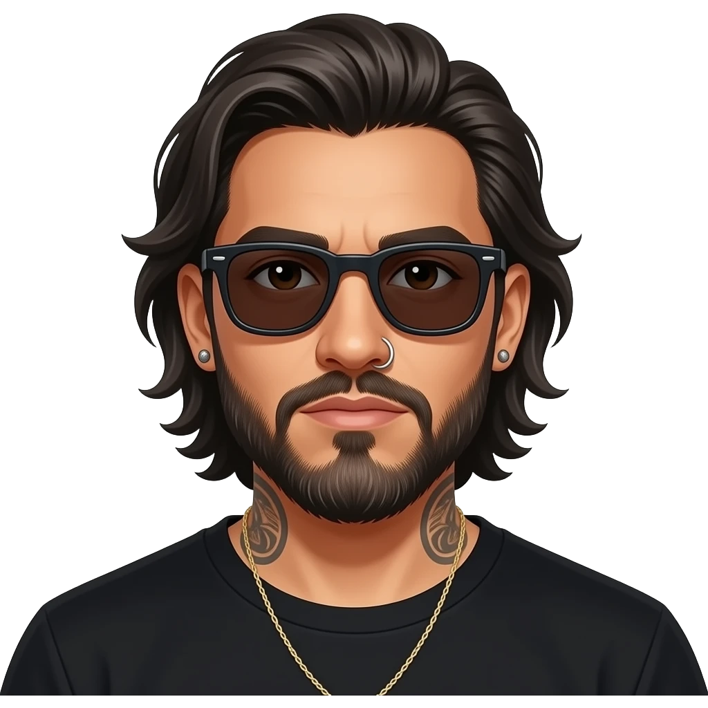 The handsome manly Latino podcast host with medium length hair, a long slightly graying beard and tattoos with his ears pierced 1 time each ear and a nose ring on the right side, dark brown eyes, wearing black, dark sunglasses, and jewelry, thinking deep emoji