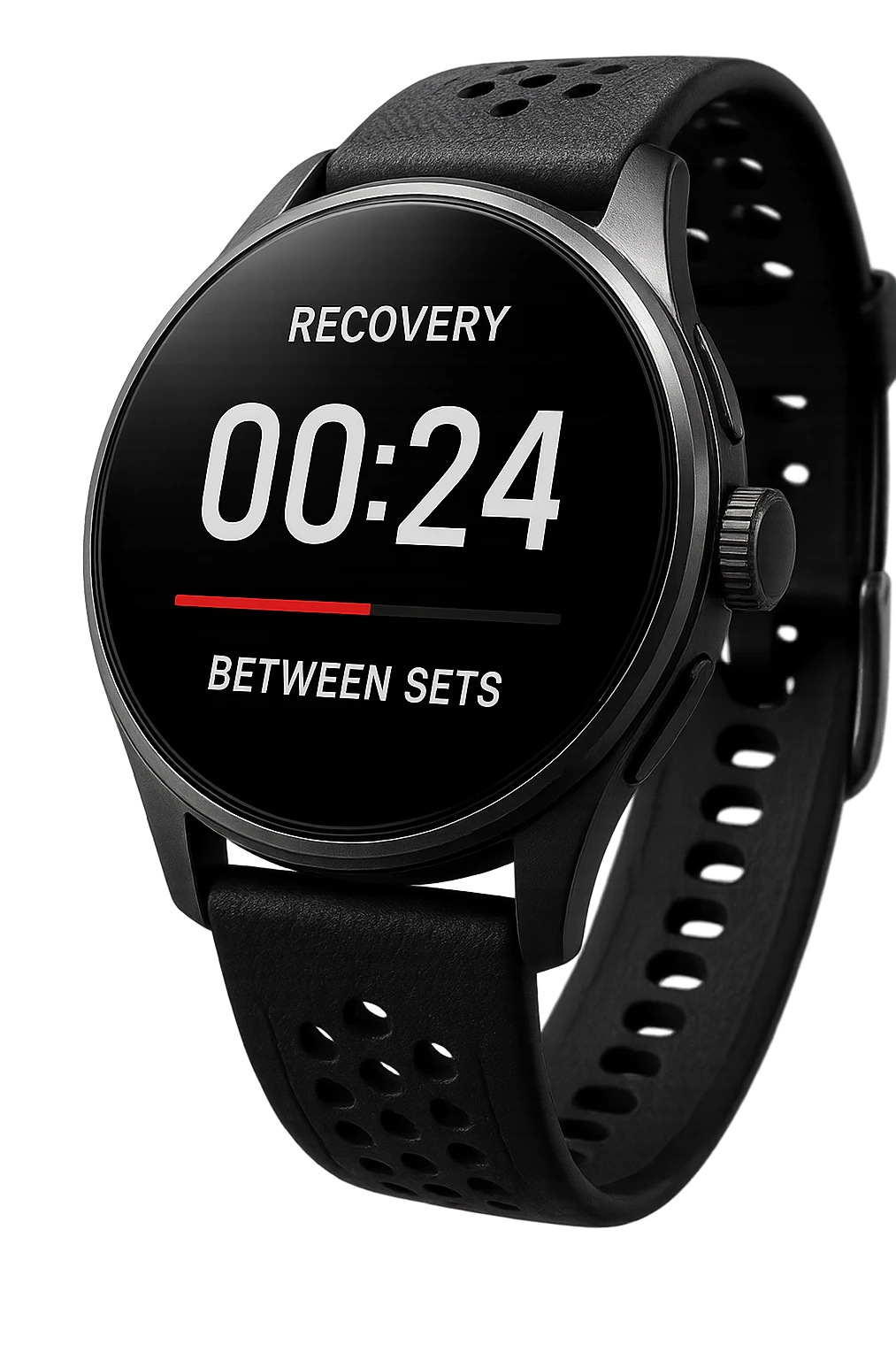 smartwatch che misura il tempo di recupero tra una serie e l'altra in allenamento, iperrealistico 4k emoji