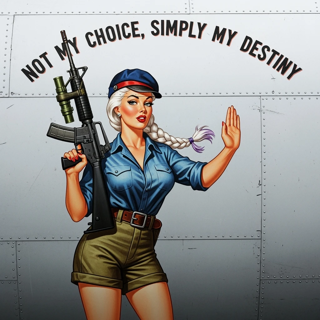 a retro military pinup fuselage decoration for the motto " not my choice, simply my destiny "
the female figure in the pinup image wears a single white braid with lavender tips, breaching, m16, "stop" handsignal emoji