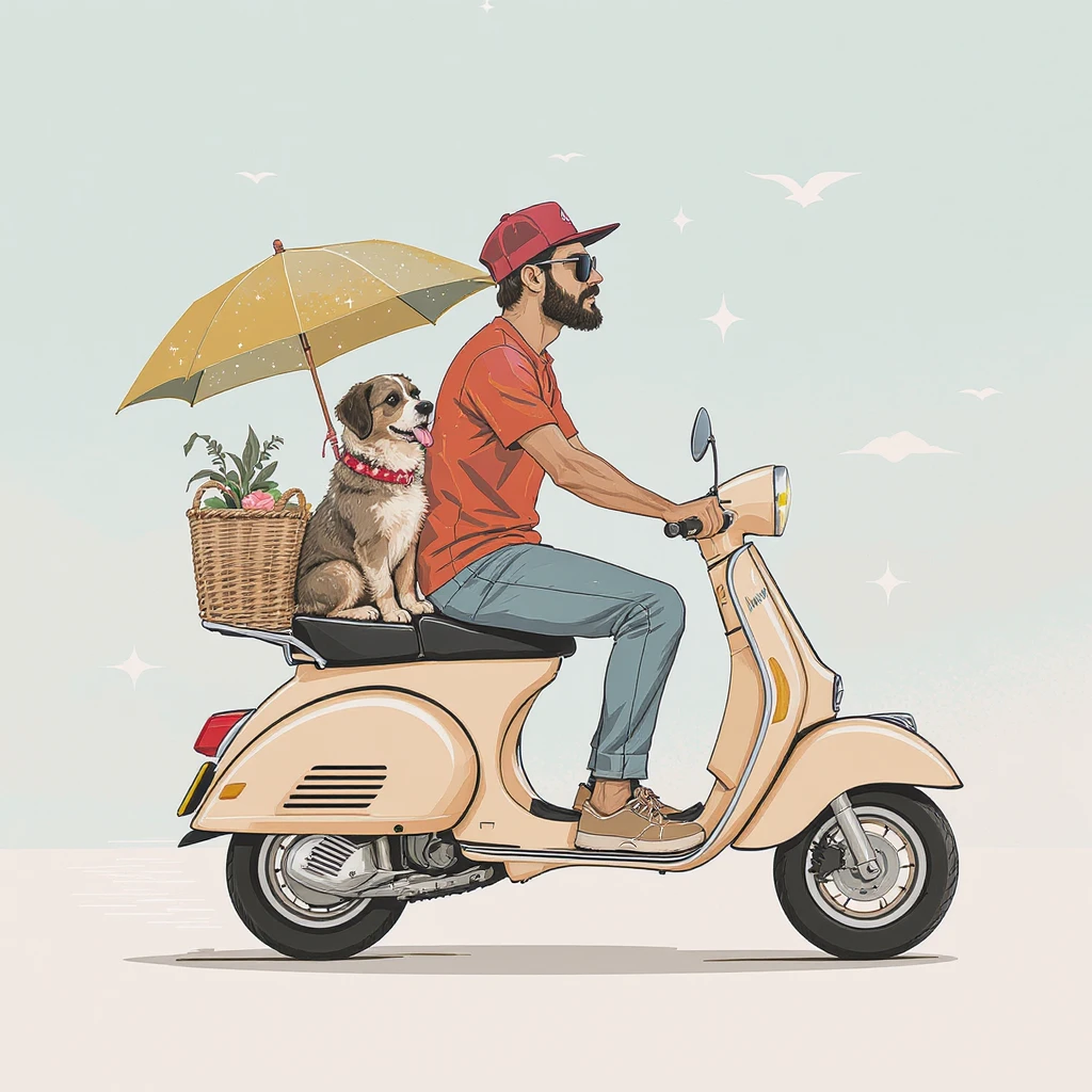 vector art of a man and his pet dog riding a vespa, for website design  emoji