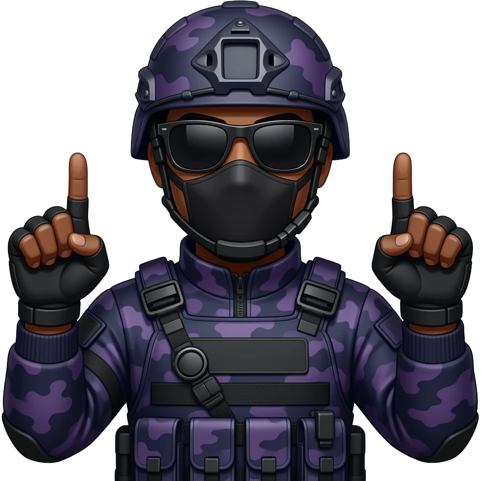 Black Man with two middle fingers in large black sungoggles dark purple camoflage tactical gear helmet mask emoji
