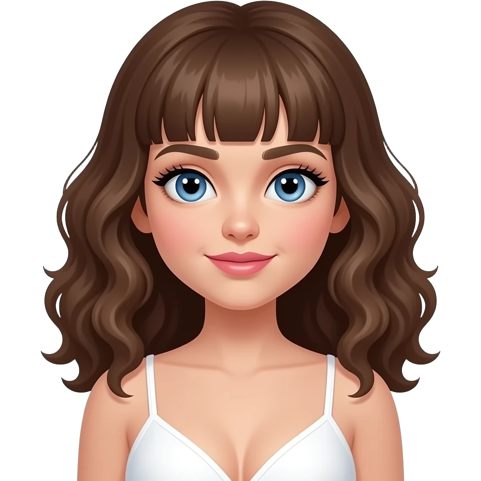 pale girl with blue eyes, thick natural eyebrows, thick natural eyelashes, little pink lips, brown, curly hair with micro bangs and large breasts emoji