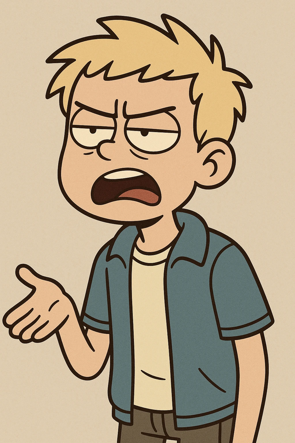 school student boy with light hair, showing signs of irritation and dislike, speaking, expressive face, casual school outfit, cartoon style emoji