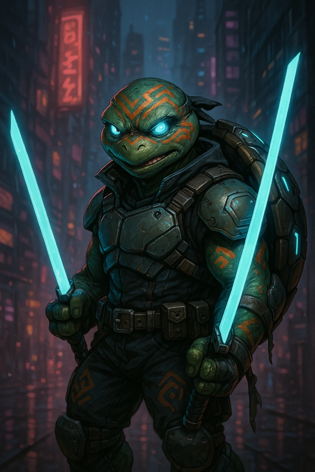 Distinct mutant turtle warrior in futuristic urban armor with tribal markings, glowing eyes, wielding dual energy swords, tech-enhanced shell, bold and clever expression, rebellious vibe, neon dystopian city background, original creation. emoji