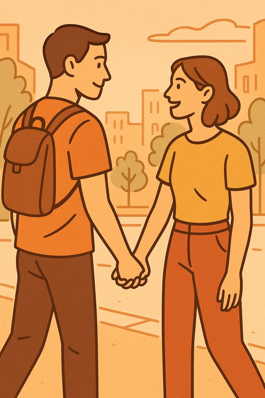 two people holding hands in public, stylized illustration, simple and clear lines, warm colors emoji