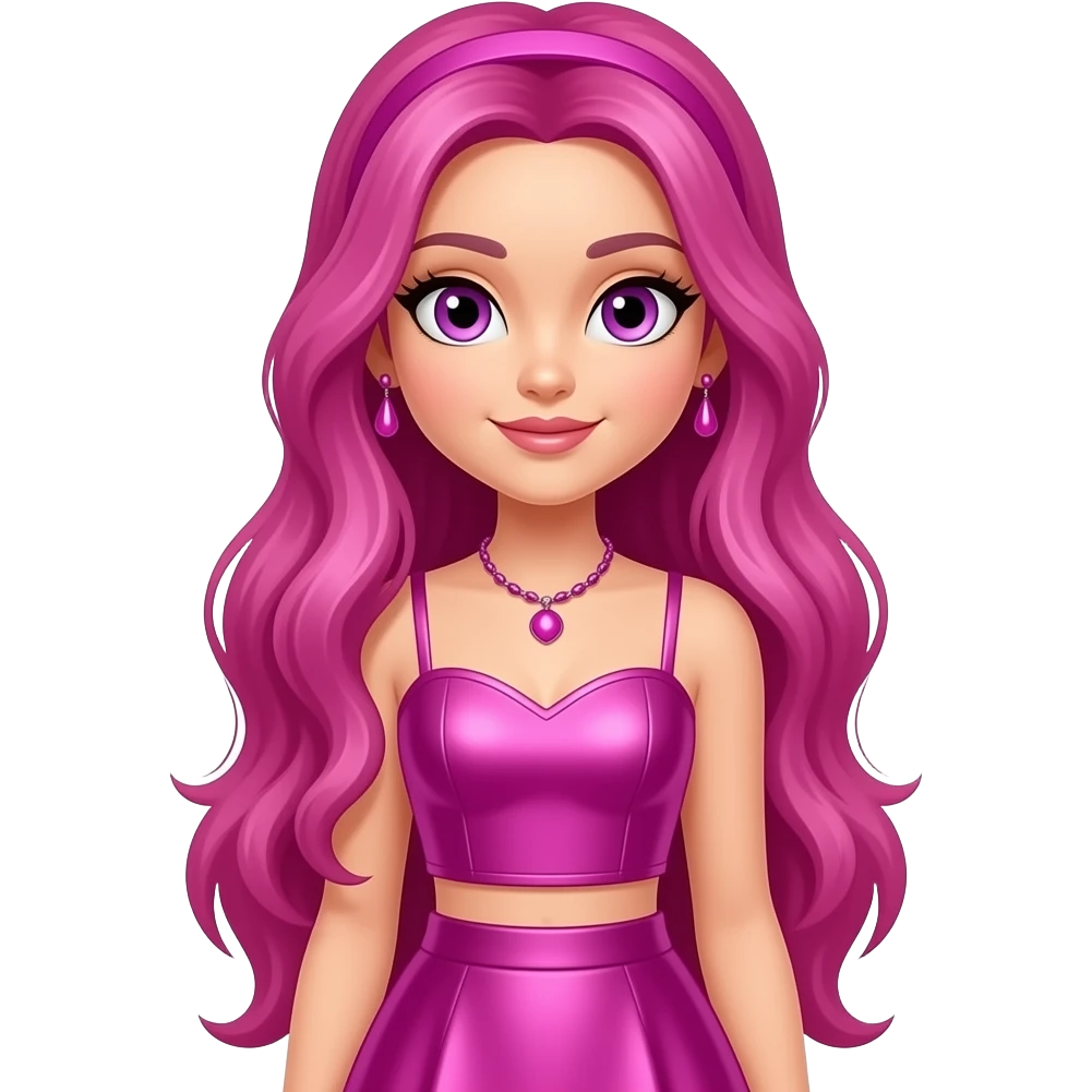 Bella Parker from Rainbow High with purple eyes, long pink hair, hot pink metallic sweetheart crop top and long skirt, hot pink necklace and earrings emoji