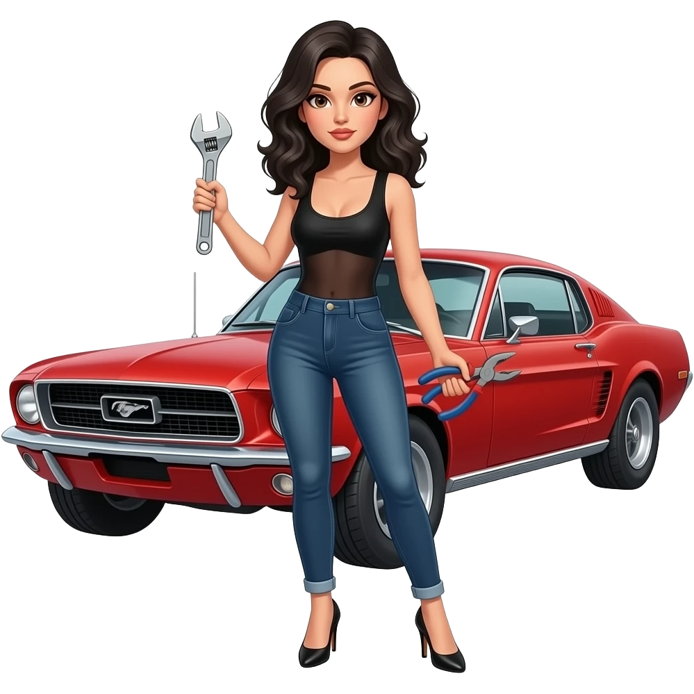 Pale girl with wavy jet black hair and brown eyes in front of a red ford mustang 1968 coupe. Girl wearing a sheer black sleeveless top, low rounded neckline, jeans and heels with visible toes. Girl holding an adjustable wrench in his right hand and a pair of multi-grip pliers in his left hand. emoji