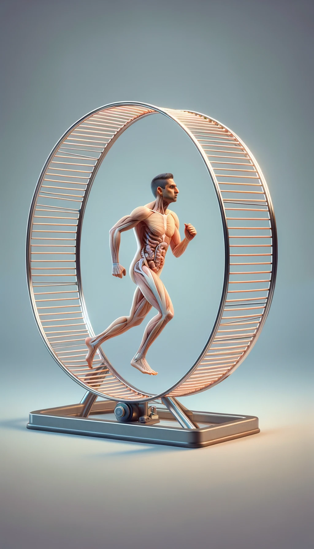 corpo umano anatomico che corre sulla ruota come se fosse un criceto stressato, sfondo chiaro, iperrealistica 4k emoji