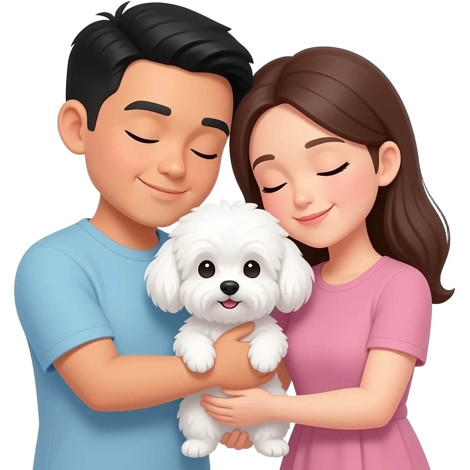 A sophisticated emoji of an Asian man and woman embracing a small white Maltese; all three share a moment of peace with their eyes closed in contentment, with the couple's heads tilted toward the puppy, which mirrors the posture. emoji