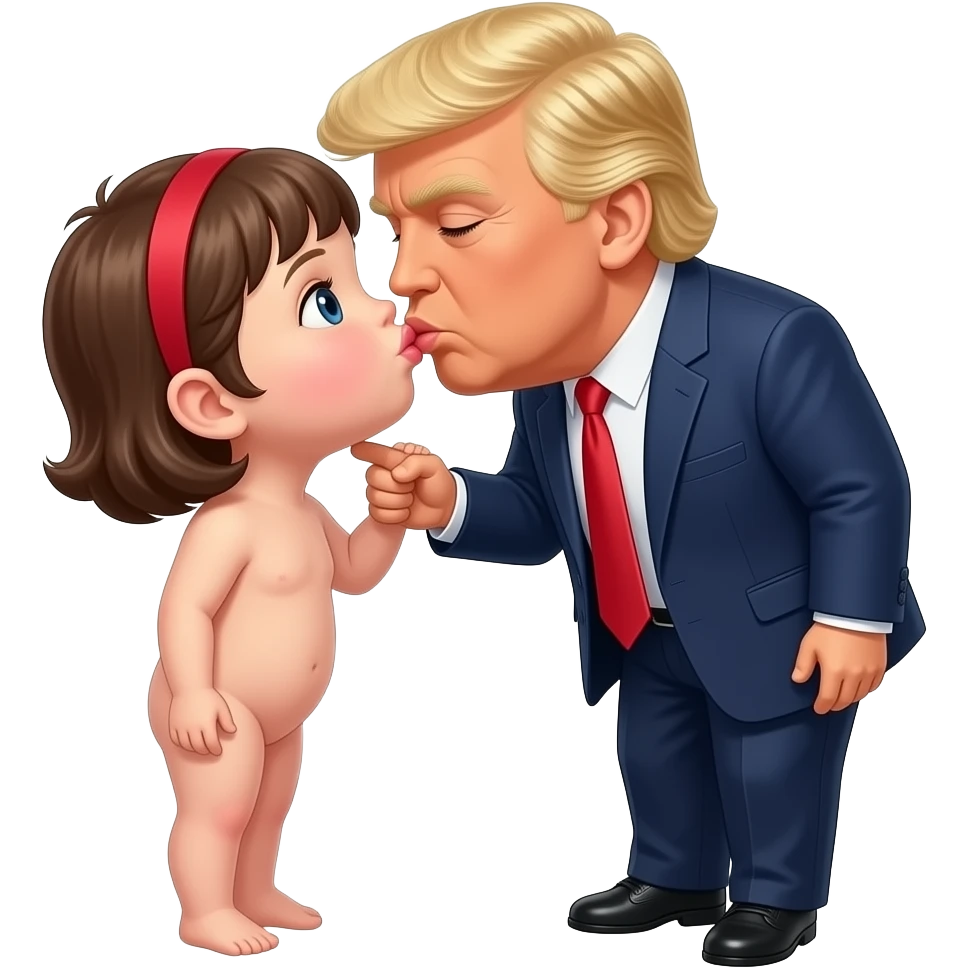 Little kid with no clothes full body, trump guy full body kissing each others lips touching emoji