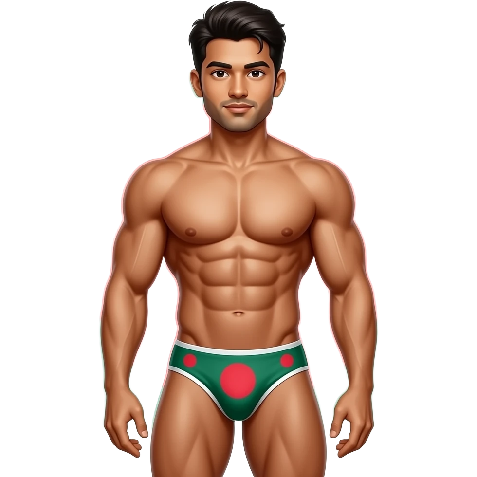 full body bangladeshi young male standing with muscular build in thong with bangladesh flag theme emoji