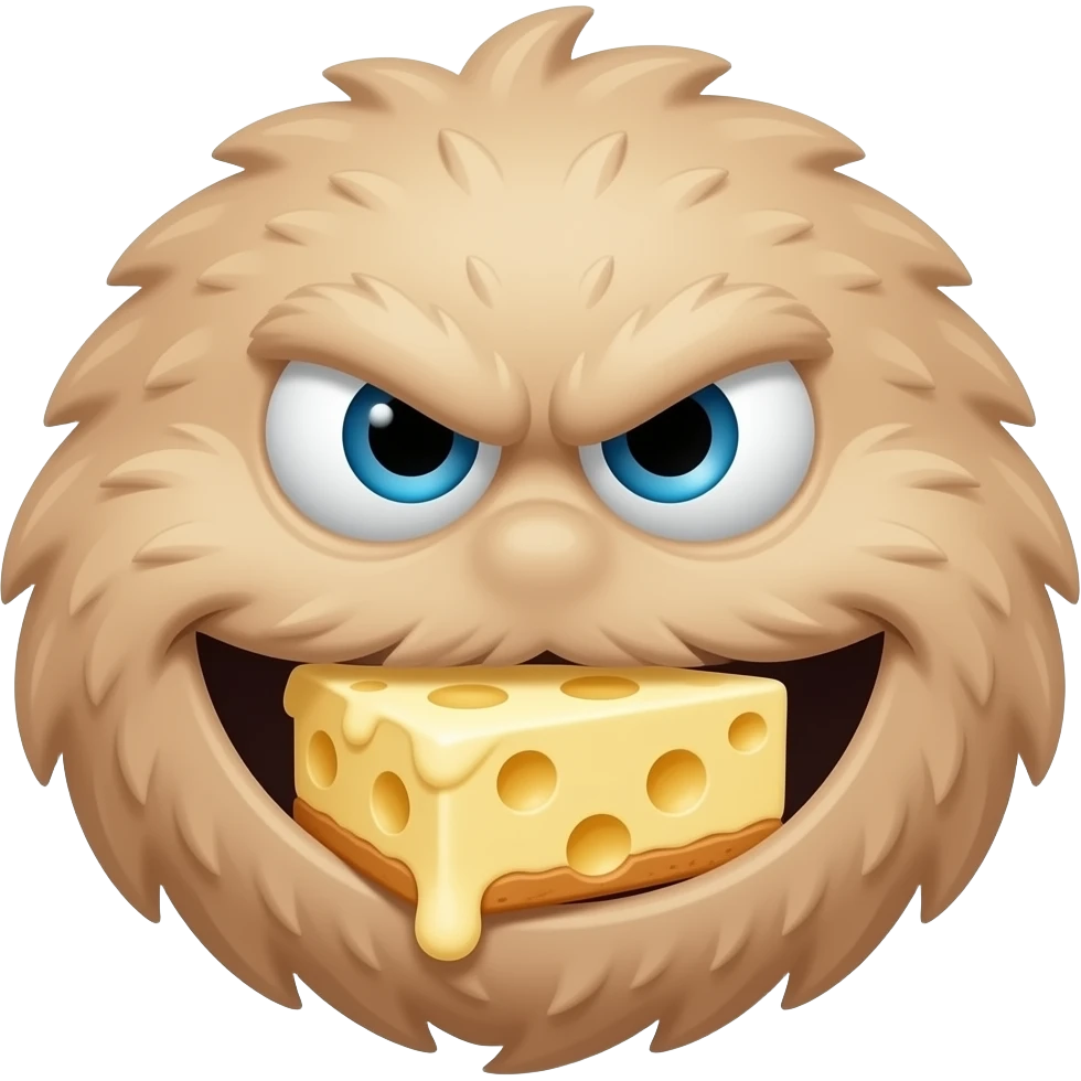 Single pair of eyes, Bit angry, Mouth covered in cheesecake, Persona, portretu, cheese cake monster, similar to cookie monster, fur should be new york cheesecake it means beige emoji