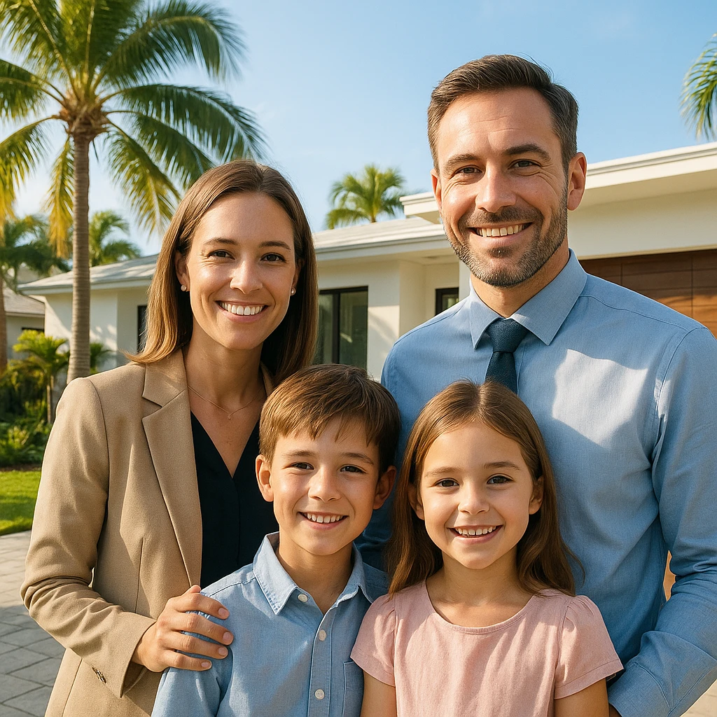 Foto hiper realista que refleje a nuestro cliente ideal de real estate: familias profesionales que desean mudarse a Miami o adquirir una segunda residencia. Familia tradicional de madre, padre, hijo e hija. emoji