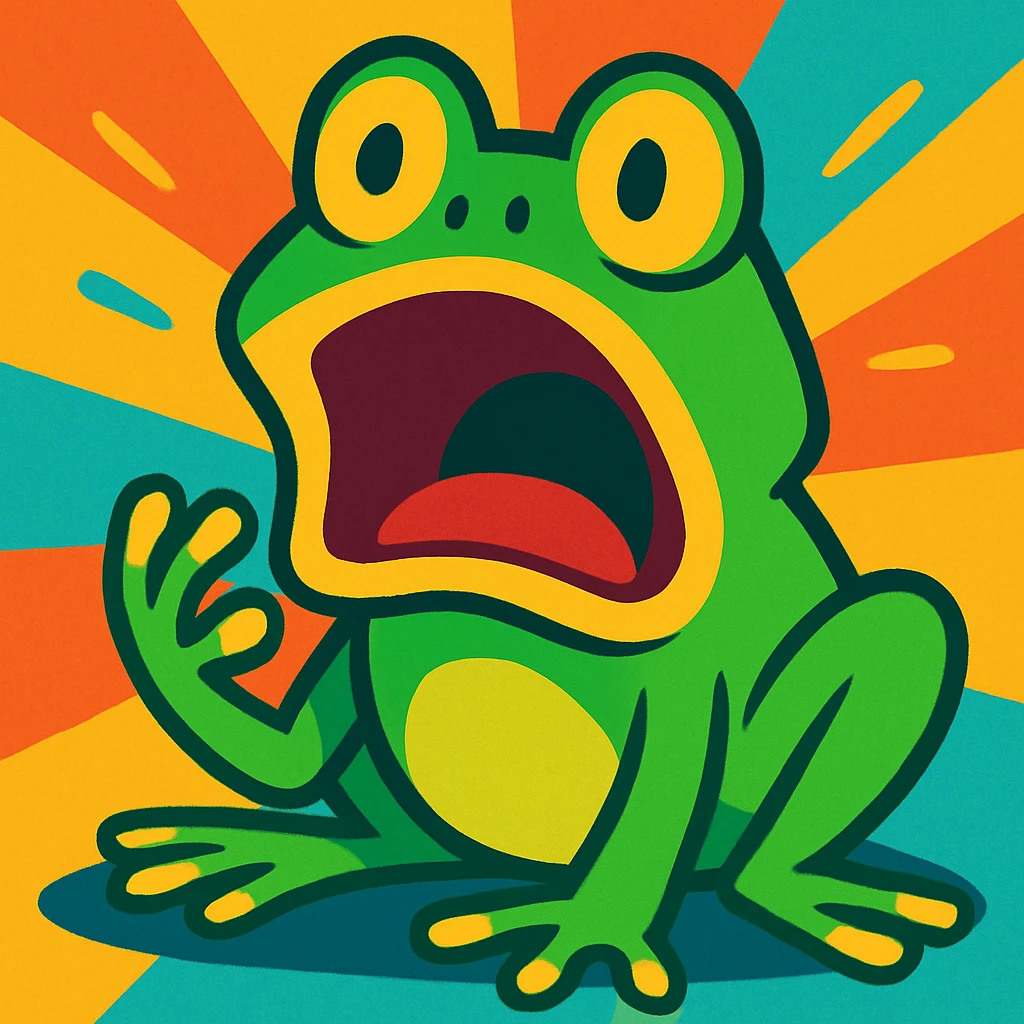 shocked frog, vibrant cartoon style, bright colors, exaggerated shocked expression emoji