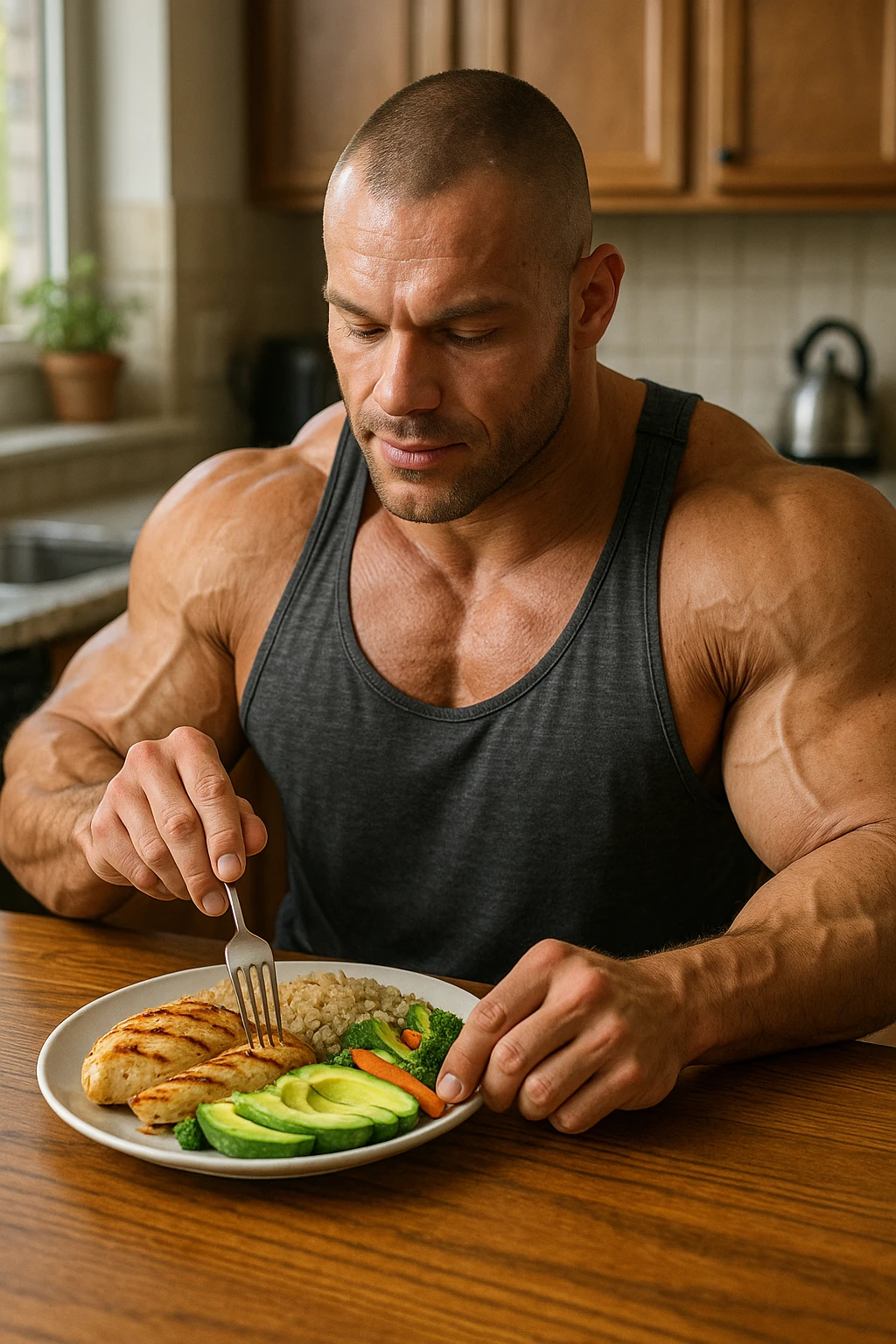 muscular bodybuilder eating a meal rich in proteins, carbohydrates, and good fats, realistic environment, detailed, 2:3 aspect ratio emoji