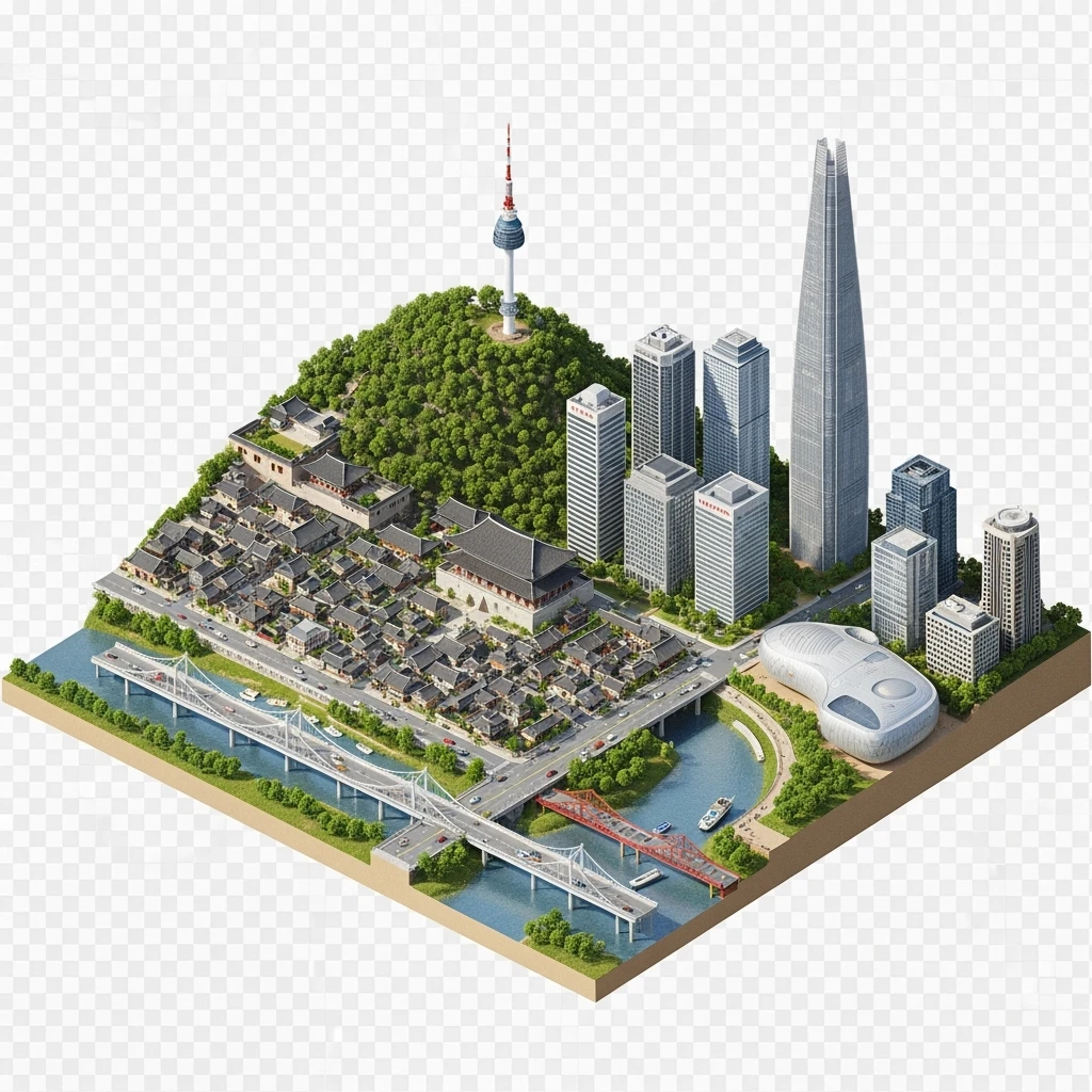 Isometric diorama of Seoul typical houses, Namsan Seoul Tower, Gyeongbokgung Palace, Lotte World Tower, Dongdaemun Design Plaza, and Han River bridges, 3D miniature effect and Tilt Shift effect, no cartoonish look, transparent background. emoji