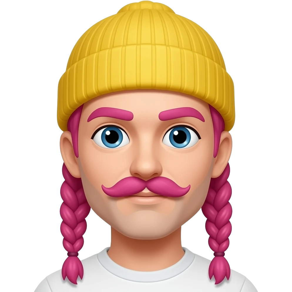 pink haired braided man with just pink mustache and yellow beanie emoji