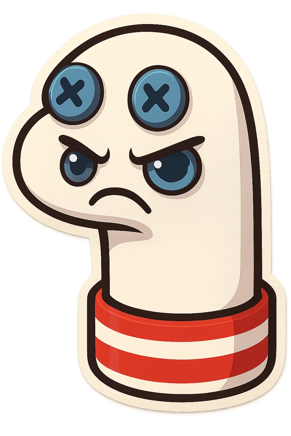 sock puppet with button eyes, angry emoji