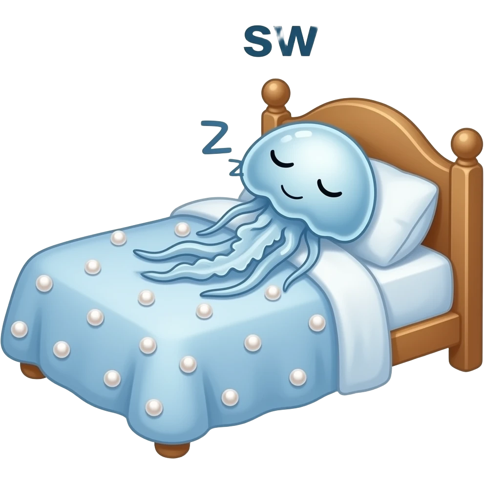 The words "sleep sweet" hovering over a jellyfish which is sleeping on a bed of pearls.  emoji