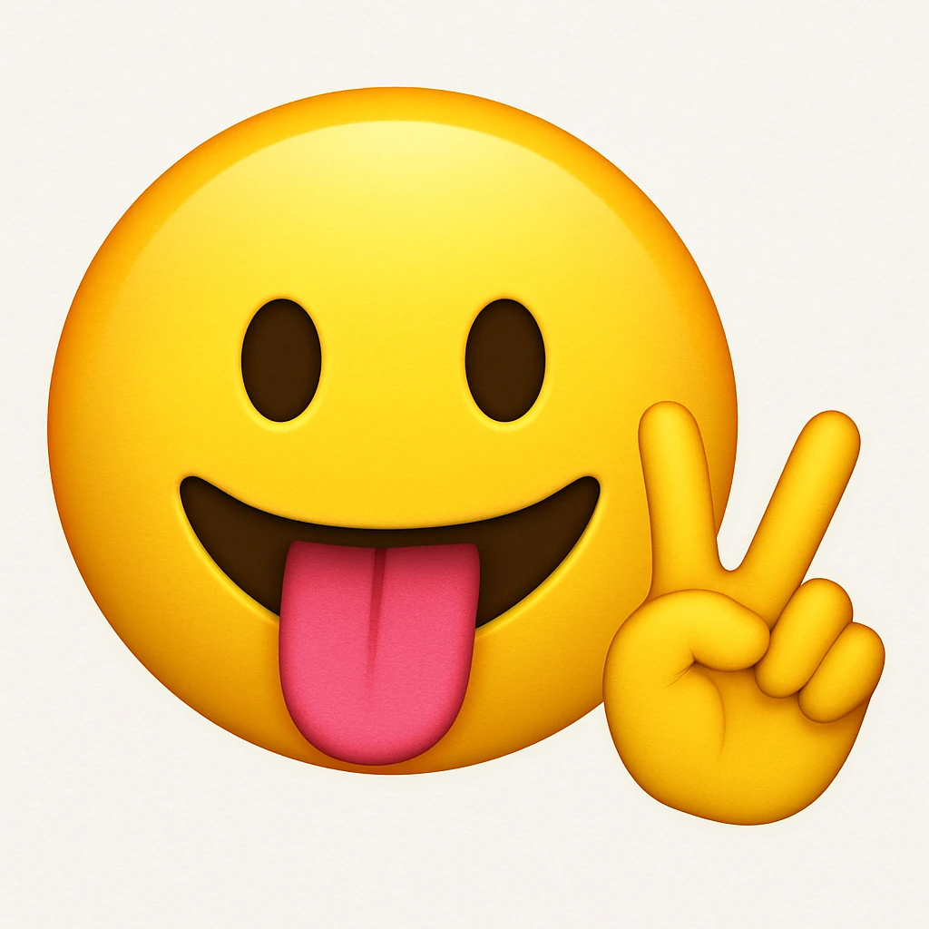 Yellow face iPhone emoji, tongue sticking out, putting up a peace sign emoji